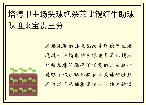 塔德甲主场头球绝杀莱比锡红牛助球队迎来宝贵三分