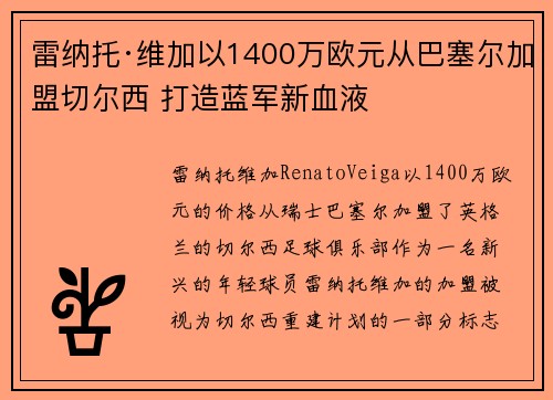 雷纳托·维加以1400万欧元从巴塞尔加盟切尔西 打造蓝军新血液