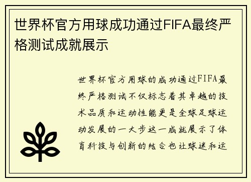 世界杯官方用球成功通过FIFA最终严格测试成就展示
