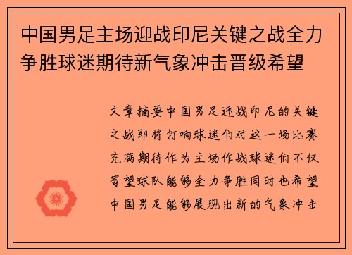 中国男足主场迎战印尼关键之战全力争胜球迷期待新气象冲击晋级希望