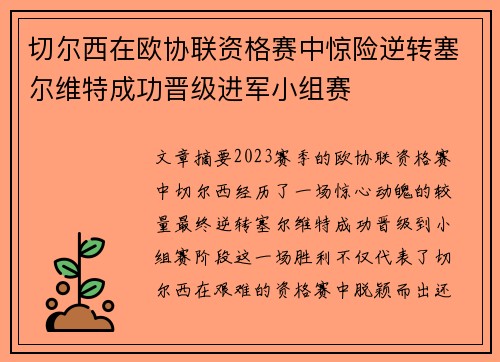 切尔西在欧协联资格赛中惊险逆转塞尔维特成功晋级进军小组赛